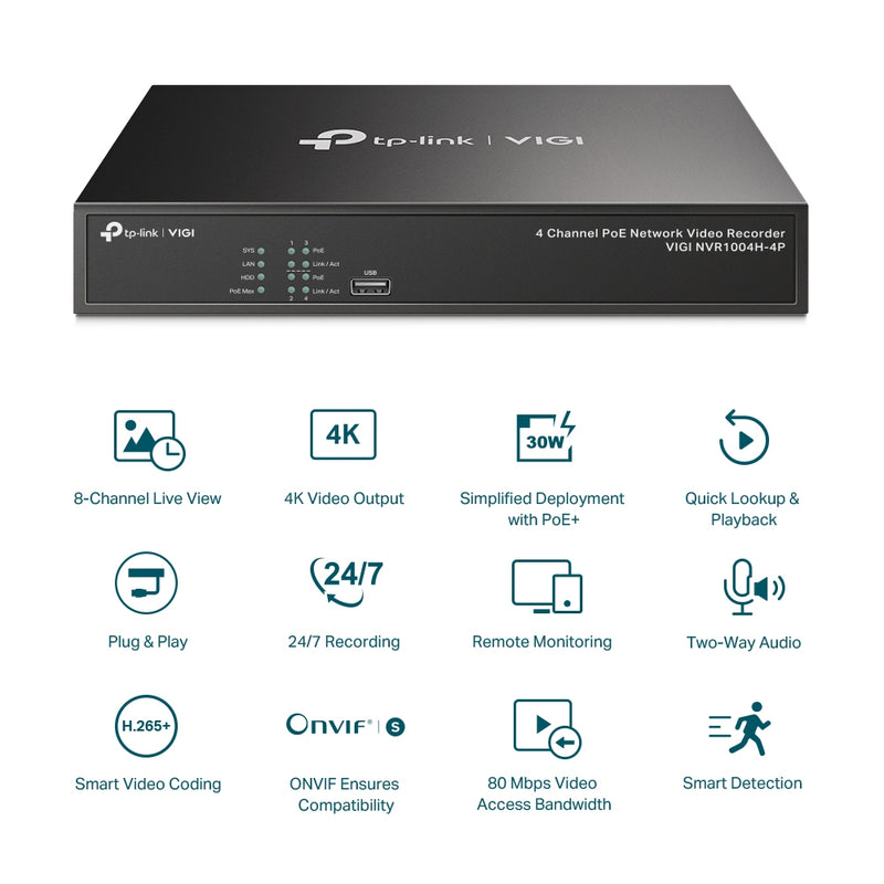 TP-Link VIGI NVR1004H-4P | 4 Channel PoE Network Video Recorder