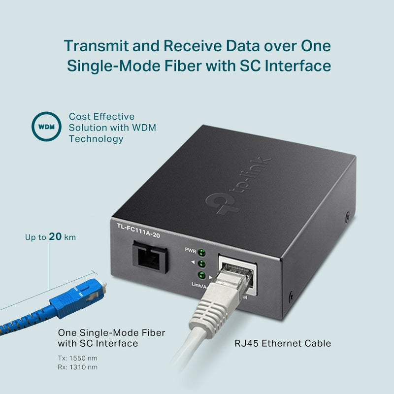TP-Link TL-FC111A-20 | 10/100 Mbps RJ45 to 100 Mbps Single-mode SC WDM Bi-Directional Fiber Converter