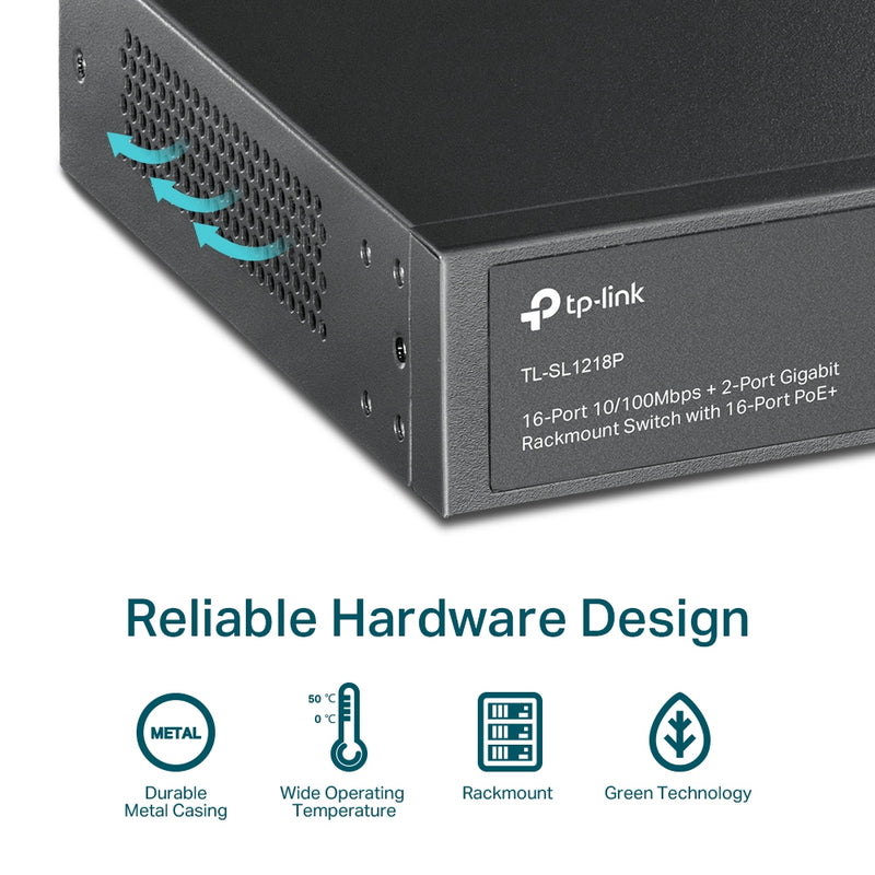 TP-Link TL-SL1218P | 16-Port 10/100Mbps + 2-Port Gigabit Rackmount Switch with 16-Port PoE+