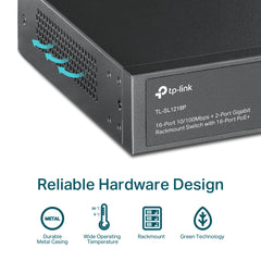 TP-Link TL-SL1218P | 16-Port 10/100Mbps + 2-Port Gigabit Rackmount Switch with 16-Port PoE+