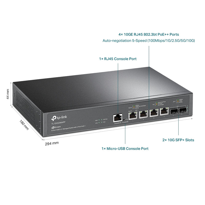 TP-Link TL-SX3206HPP | JetStream™ 4-Port 10GBase-T and 2-Port 10GE SFP+ L2+ Managed Switch with 4-Port PoE++